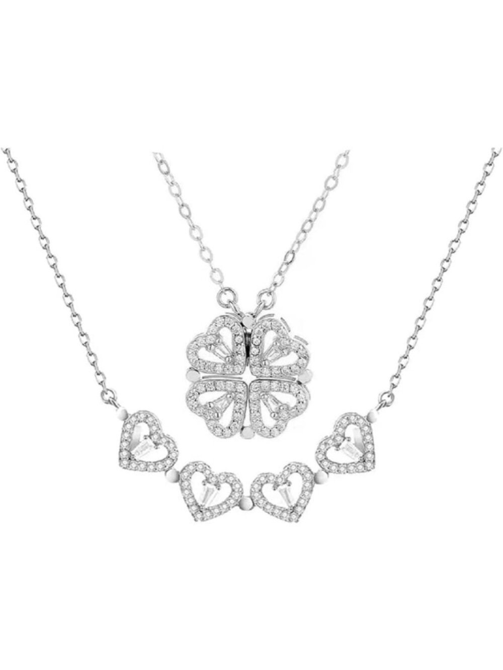 Sterling Silver Heart & Clover Convertible Pendant Necklace - Elegant Jewelry